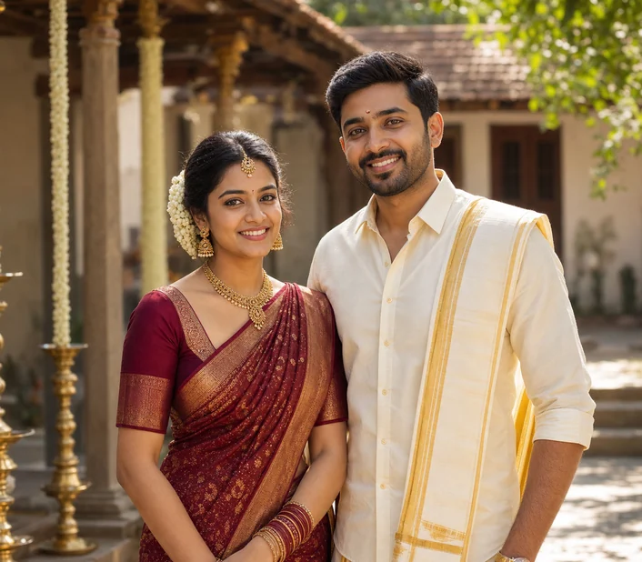 Tamil bride and groom in traditional attire for regional matrimony